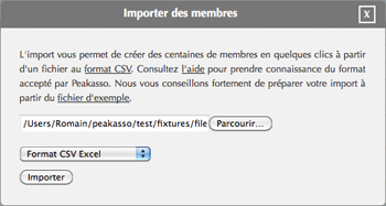 Fenêtre d'import des membres.