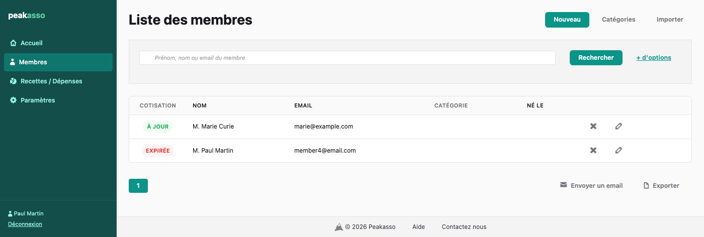 Capture d'écran de la liste des membres dans Peakasso